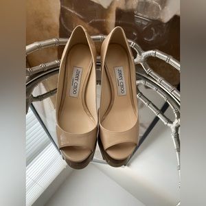 Jimmy Choo Luna Patent Leather Peep Toe Nude Size 6 /36